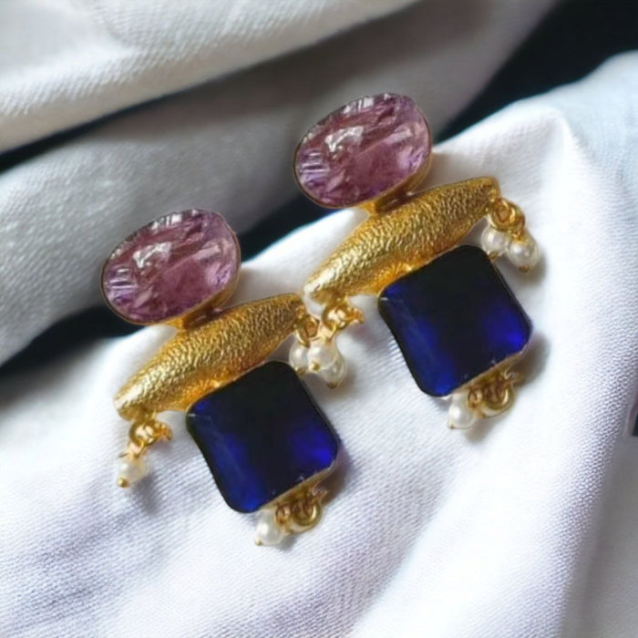 Golden Earring with purple and blue stone elegance