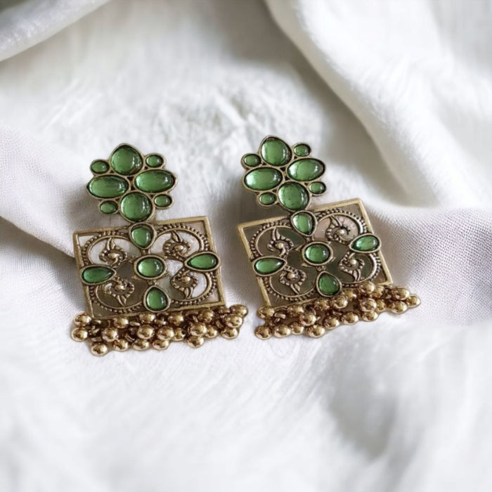 Green Beads Square Dangler Earrings