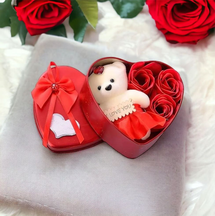 Tin Heart Shape Gift Box with Teddy and Roses