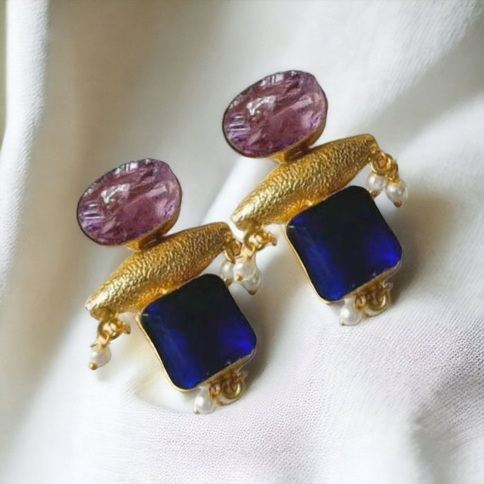 Golden Earring with purple and blue stone elegance
