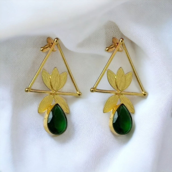 Golden leafy triangle jhumka with green stone elegance