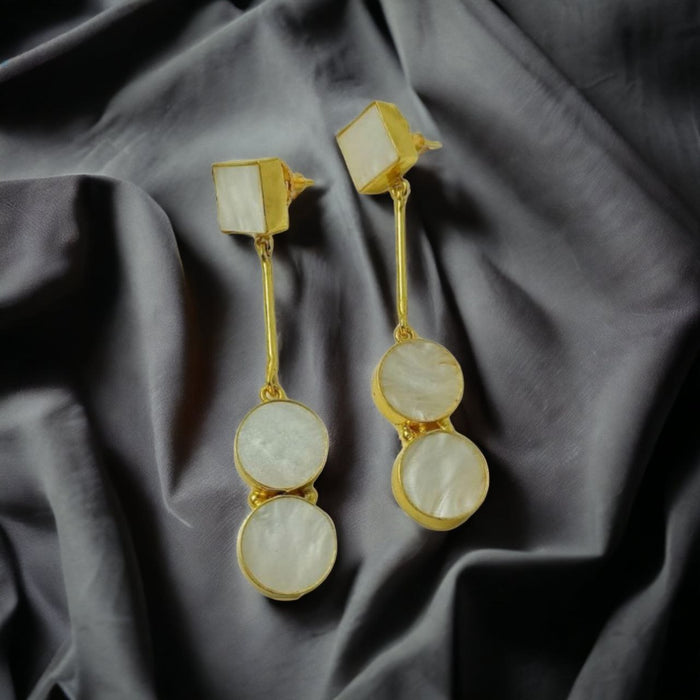 Long drop golden earrings with white stone circular elegance