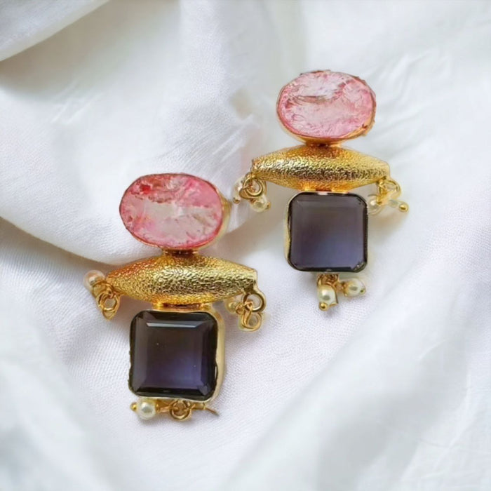 Golden Earring with pink and purple stone elegance