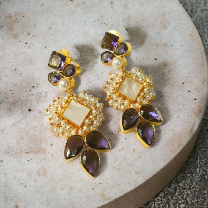 Regal Elegance Jhumka earrings white stone, pearls and purple gems
