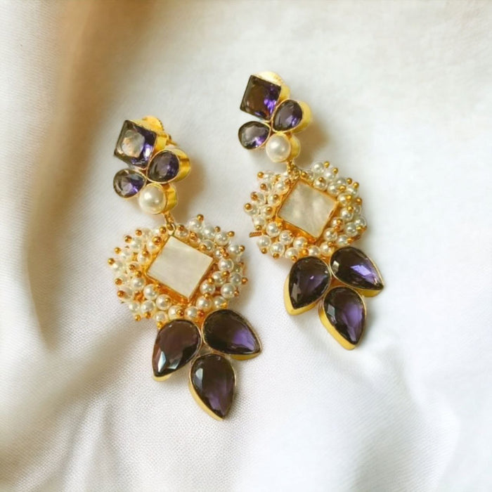Regal Elegance Jhumka earrings white stone, pearls and purple gems
