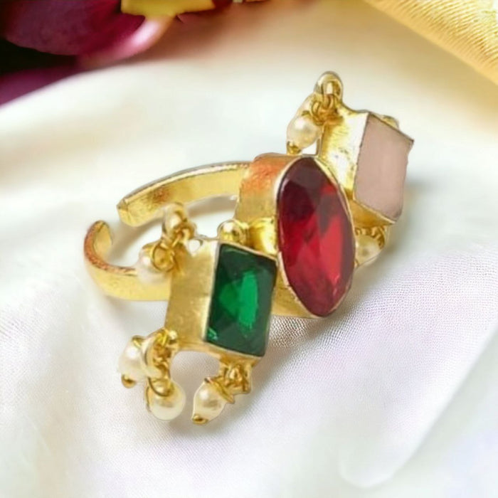 Triple elegance maroon, pink and green stone ring