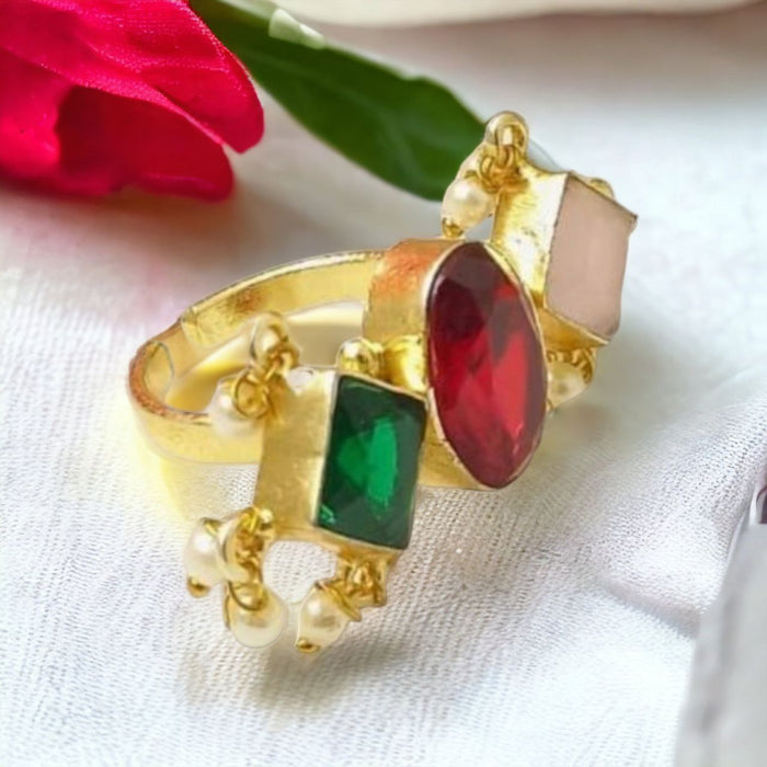 Triple elegance maroon, pink and green stone ring